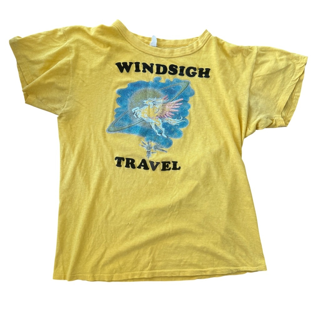 Vintage 70s Pegasus Graphic T-Shirt Single Stitch M Yellow unicorn flocked